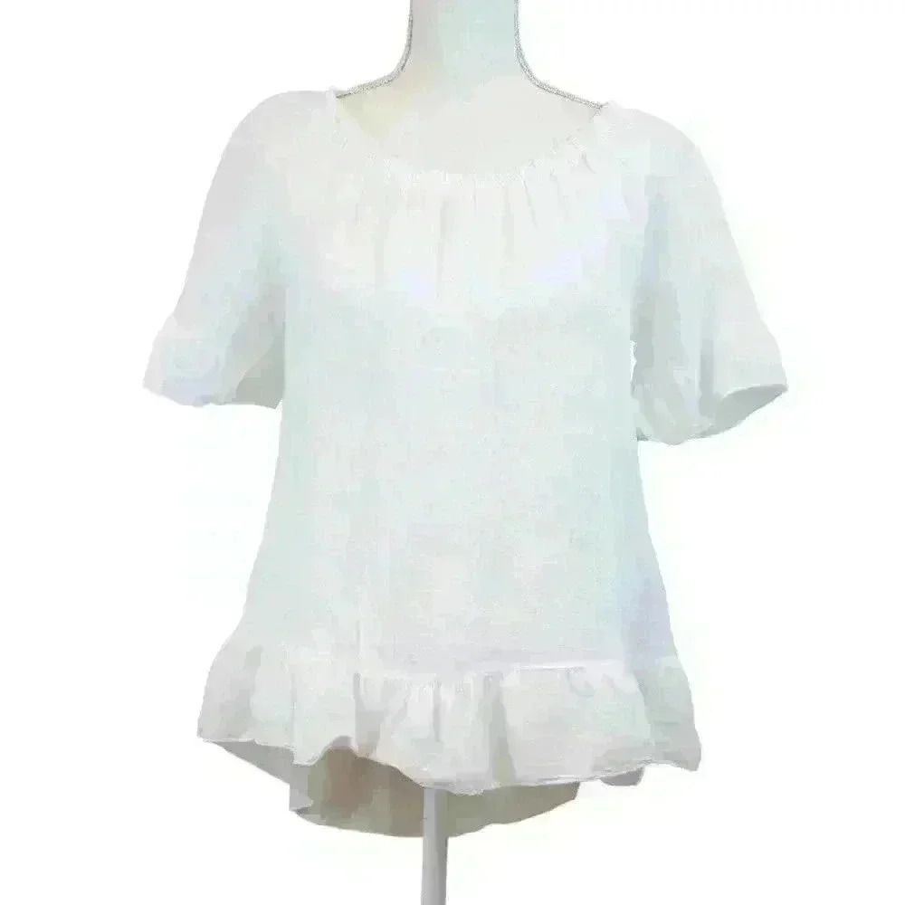 Terzo Millennio White Linen‎ Gathered Crew-Neck Blouse – Size Medium